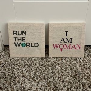 Lot of 2 Feminist completed cross Stitch
